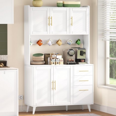 Rovaurx 70.9" Modern Kitchen Hutch with Microwave Shelf, Tall Floor Cabinet with Drawers and Doors, White KBG002WE