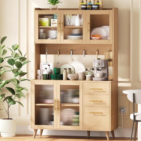 Rovaurx 70.9" Kitchen Pantry Cabinet with Microwave Shelf, Acrylic Glass Hutch with Charging Station, Tall Floor Cupboard with Drawers and Doors, Natural KBG002MCE